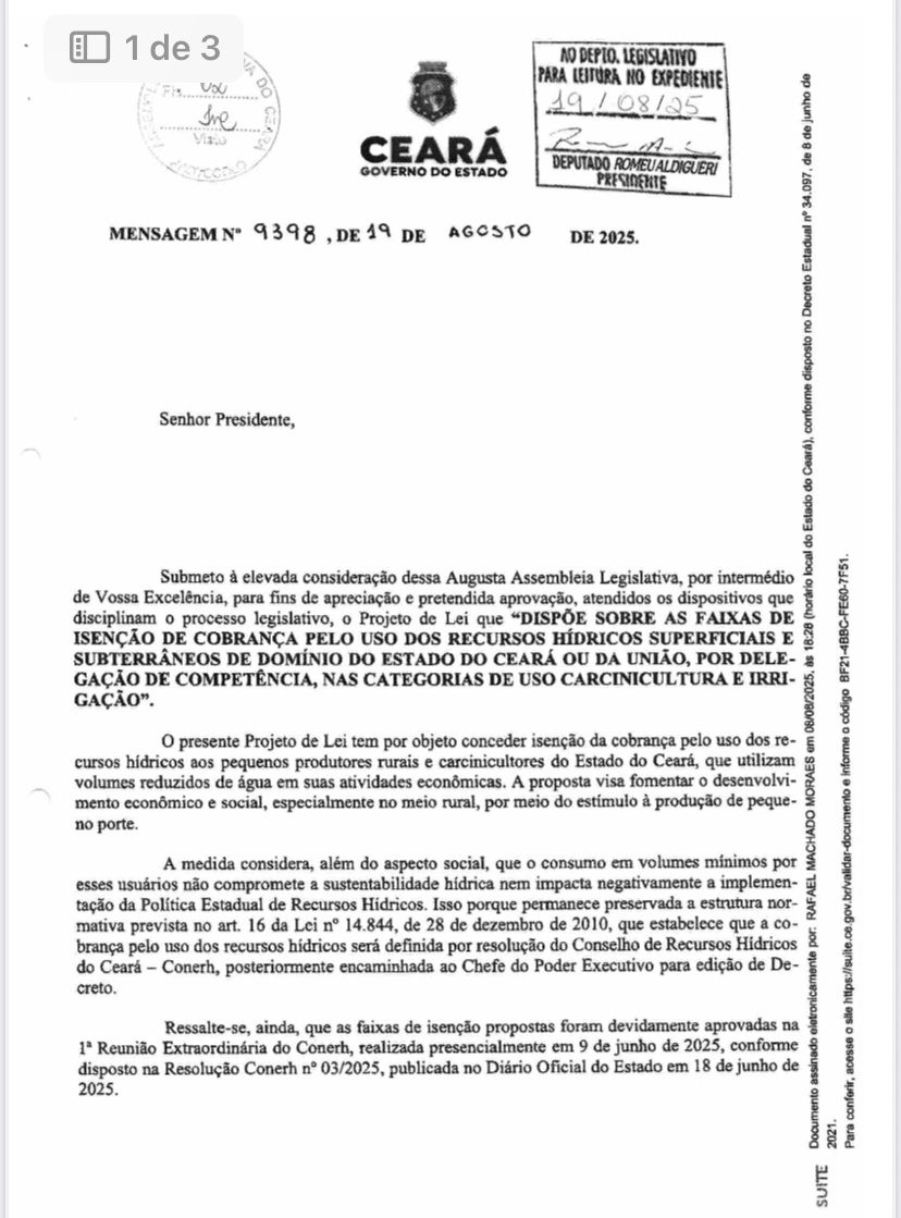 Governo do Ceará envia à Assembleia projeto que isenta pequenos produtores do pagamento pelo uso da água na carcinicultura e irrigação